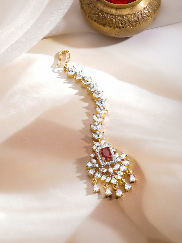 Rubans 22K Gold-Plated Ruby & Cubic Zirconia Studded Maang Tikka