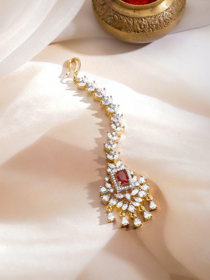 Rubans 22K Gold-Plated Ruby & Cubic Zirconia Studded Maang Tikka