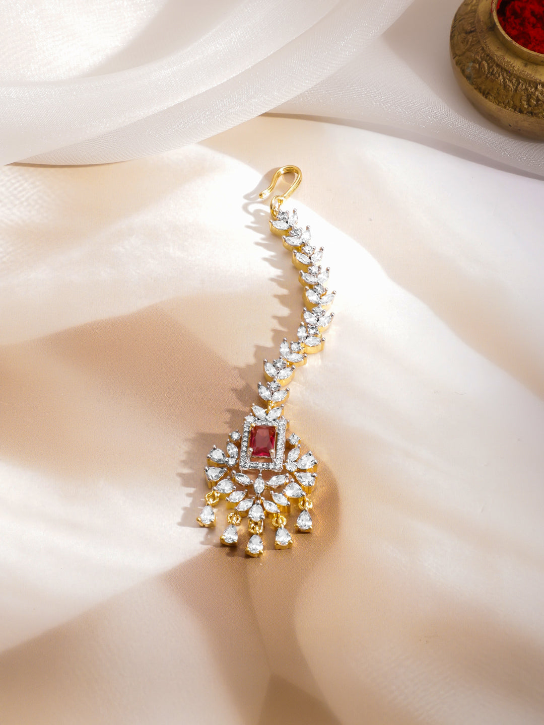 Rubans 22K Gold-Plated Ruby & Cubic Zirconia Studded Maang Tikka