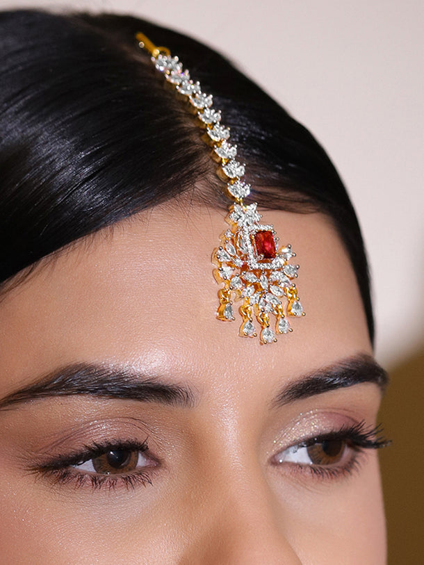 American Diamond Zirconia Red Studded Maangtikka