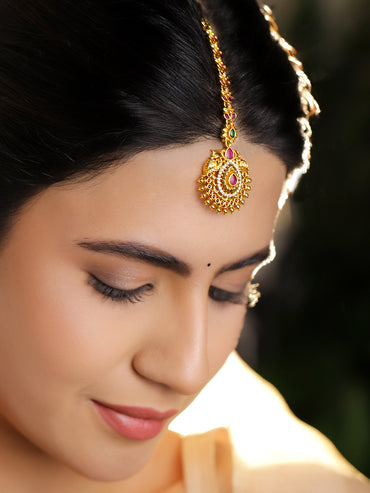 Ruby Pink Studded Gold Toned Maang Tikka