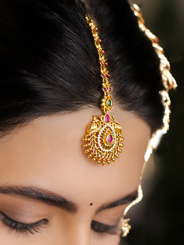 Ruby Pink Studded Gold Toned Maang Tikka