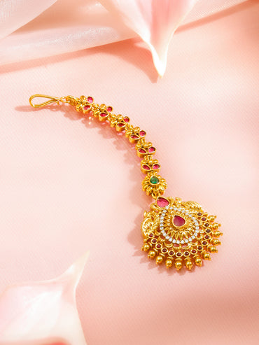 Ruby Pink Studded Gold Toned Maang Tikka
