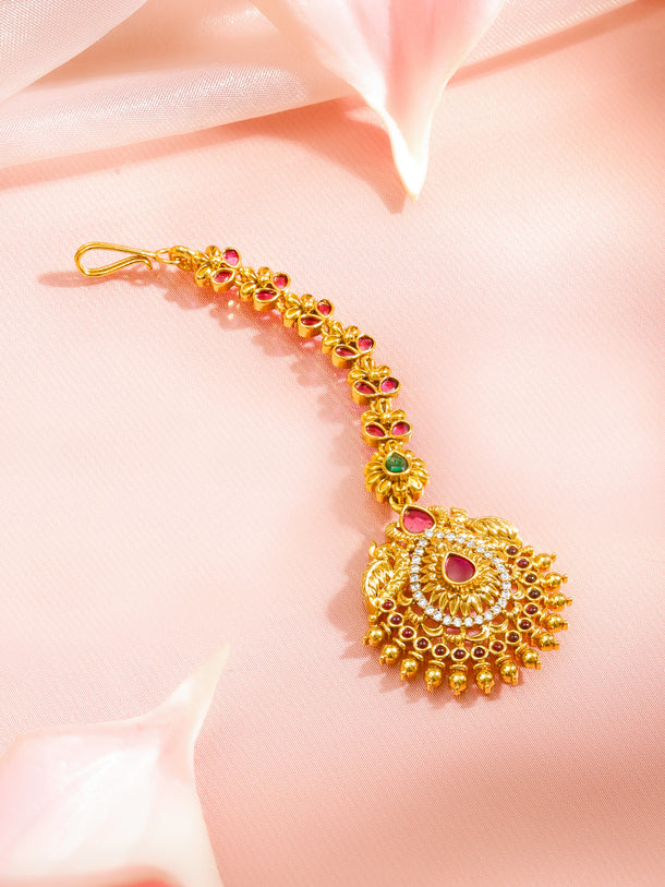 Ruby Pink Studded Gold Toned Maang Tikka