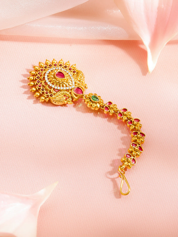 Ruby Pink Studded Gold Toned Maang Tikka