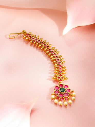 Rubans 22K Gold-Plated Ruby Red & Emerald Green Cubic Zirconia with Pearl Drop Detailing Maang Tikka