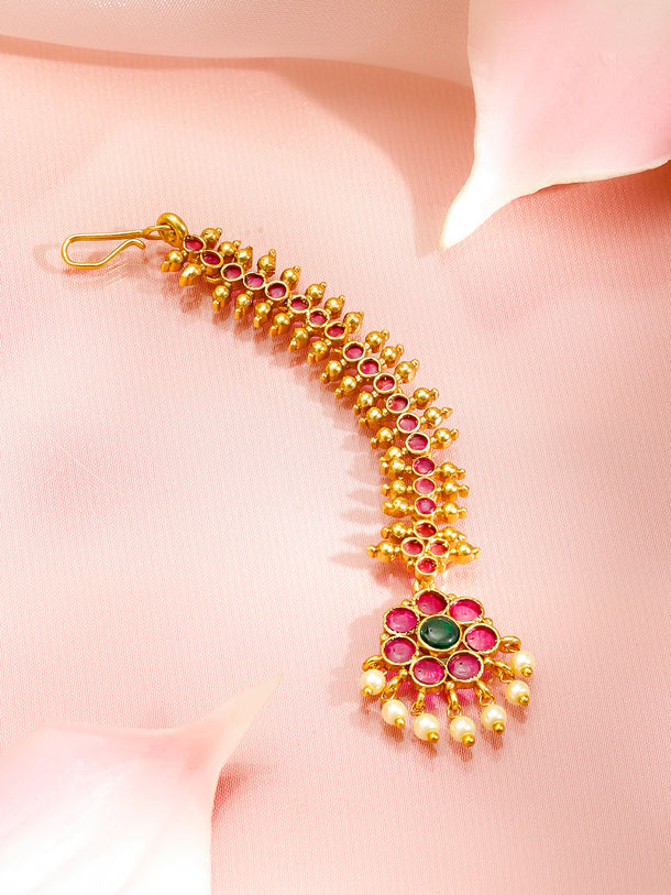 Rubans 22K Gold-Plated Ruby Red & Emerald Green Cubic Zirconia with Pearl Drop Detailing Maang Tikka