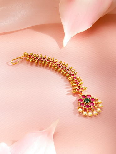 Rubans 22K Gold-Plated Ruby Red & Emerald Green Cubic Zirconia with Pearl Drop Detailing Maang Tikka