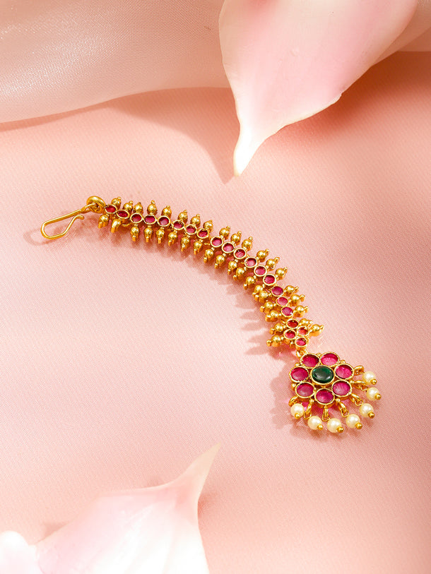 Rubans 22K Gold-Plated Ruby Red & Emerald Green Cubic Zirconia with Pearl Drop Detailing Maang Tikka