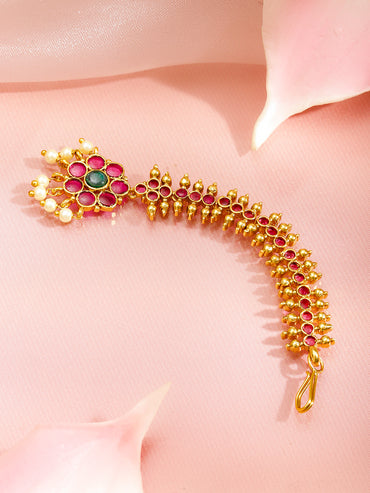 Rubans 22K Gold-Plated Ruby Red & Emerald Green Cubic Zirconia with Pearl Drop Detailing Maang Tikka