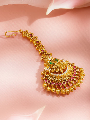 Pink Studded Floral Motif Gold Maangtikka