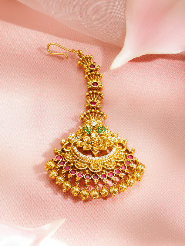 Pink Studded Floral Motif Gold Maangtikka