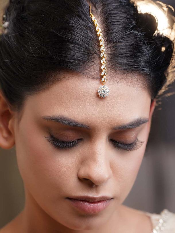 Rubans 18K Gold Plated Brass Cascading Cubic Zirconia Floral Drop Maangtikka