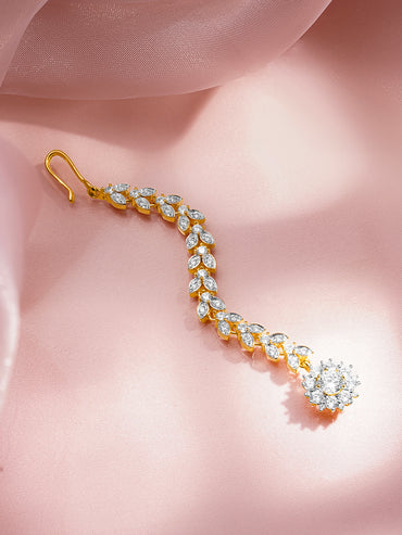 Rubans 18K Gold Plated Brass Cascading Cubic Zirconia Floral Drop Maangtikka