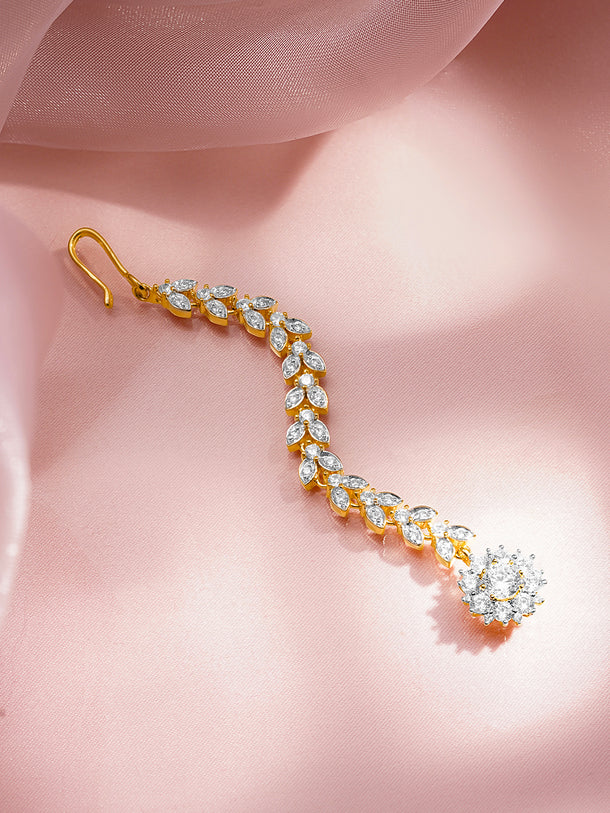 Rubans 18K Gold Plated Brass Cascading Cubic Zirconia Floral Drop Maangtikka