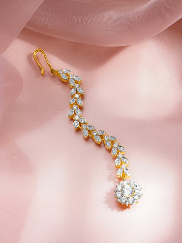 Rubans 18K Gold Plated Brass Cascading Cubic Zirconia Floral Drop Maangtikka