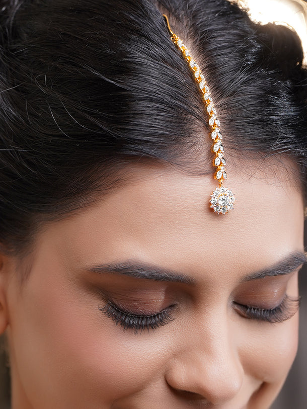Rubans 18K Gold Plated Brass Cascading Cubic Zirconia Floral Drop Maangtikka