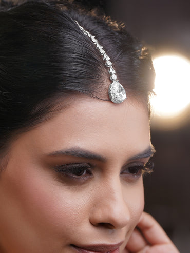 Rubans Rhodium Plated Brass White American Diamond Teardrop Maangtikka