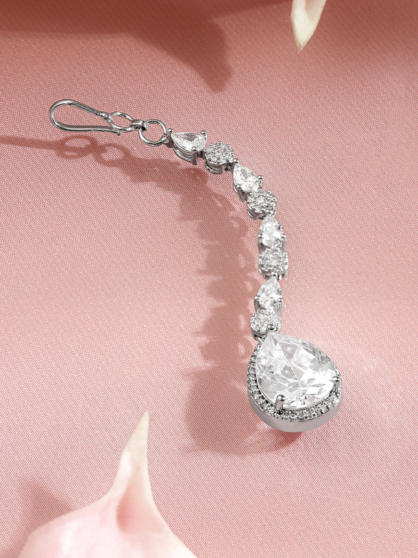 Rubans Rhodium Plated Brass White American Diamond Teardrop Maangtikka