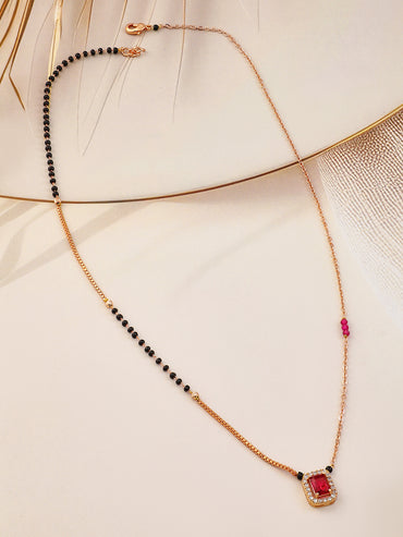 Rubans 18K Gold-Plated Ruby & Cubic Zirconia Studded Black and Gold Beaded Mangalsutra