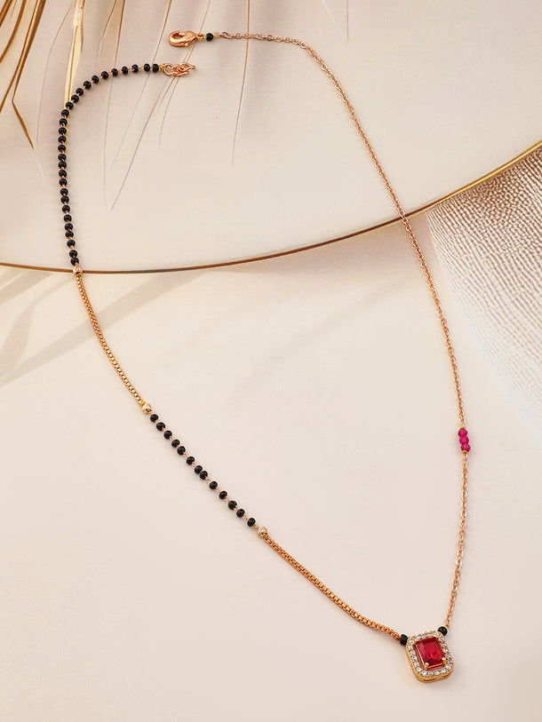 Rubans 18K Gold-Plated Ruby & Cubic Zirconia Studded Black and Gold Beaded Mangalsutra
