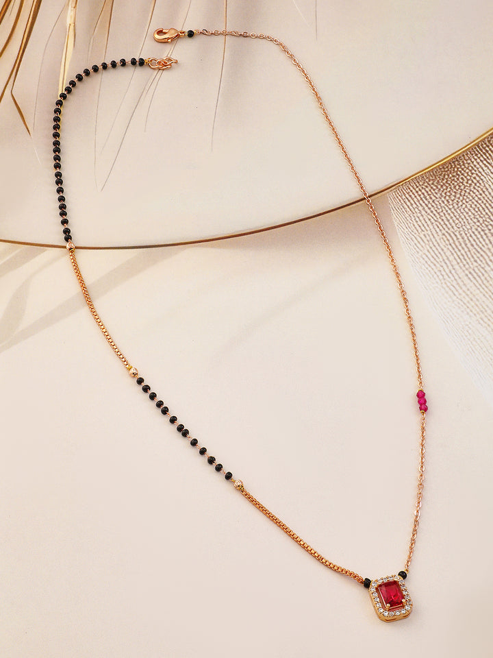 Rubans 18K Gold-Plated Ruby & Cubic Zirconia Studded Black and Gold Beaded Mangalsutra