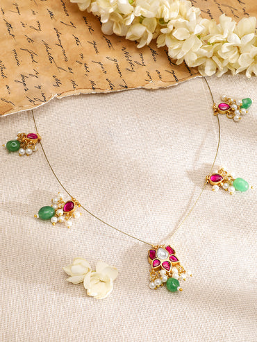 Floral Pink & Green Kundan Chain Necklace