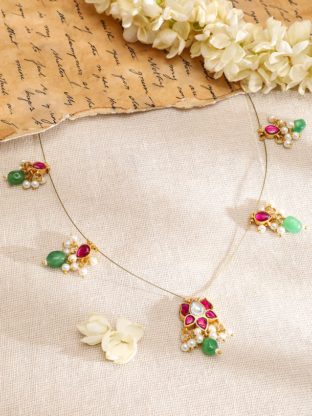 Floral Pink & Green Kundan Chain Necklace