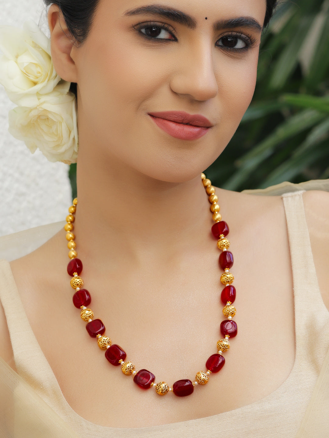 Ruby & Gold Beaded Necklace