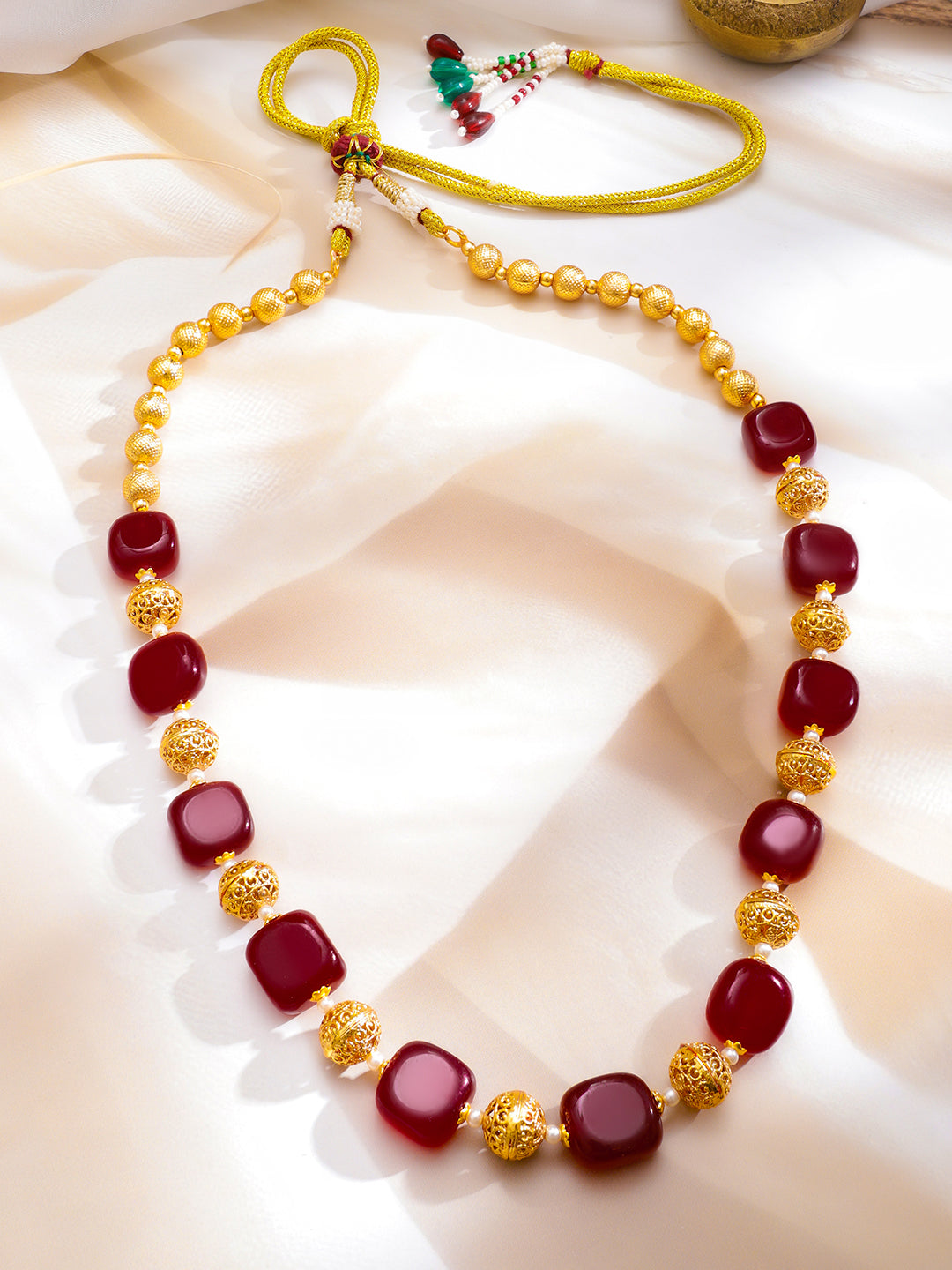 Rubans 22K Gold-Plated Ruby Red Beaded Necklace with Golden Filigree Bead Detailing