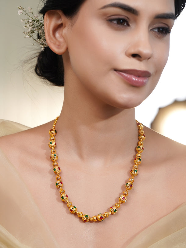 Pink & Green Studded Gold Beaded Necklace