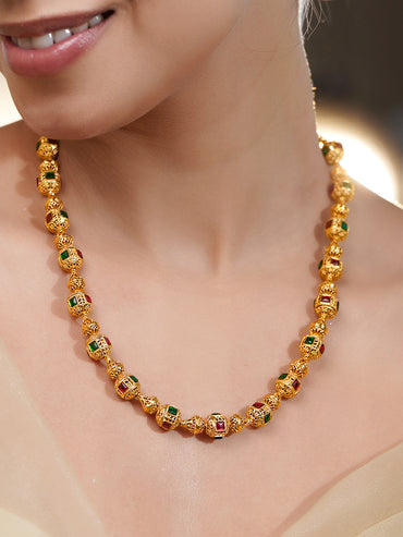 Pink & Green Studded Gold Beaded Necklace