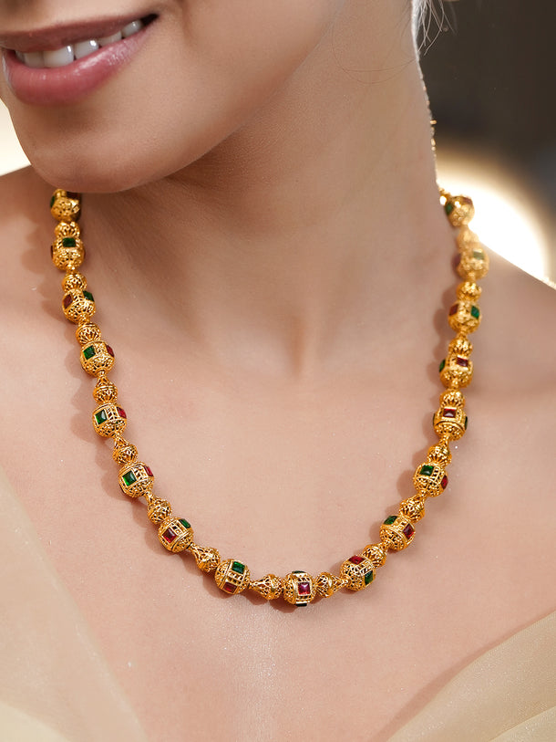 Pink & Green Studded Gold Beaded Necklace