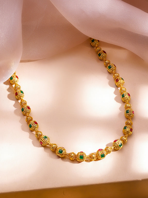 Pink & Green Studded Gold Beaded Necklace