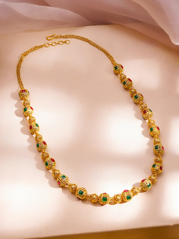Pink & Green Studded Gold Beaded Necklace