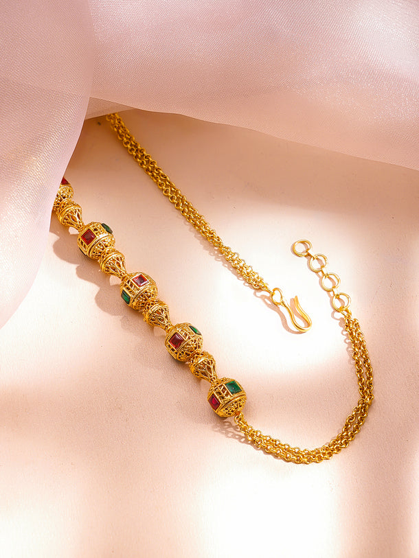 Pink & Green Studded Gold Beaded Necklace