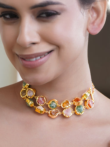 Multicolor Crystal Layered Gold Necklace