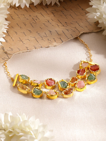Multicolor Crystal Layered Gold Necklace