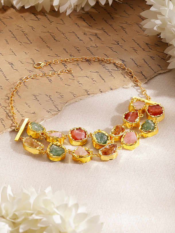 Multicolor Crystal Layered Gold Necklace
