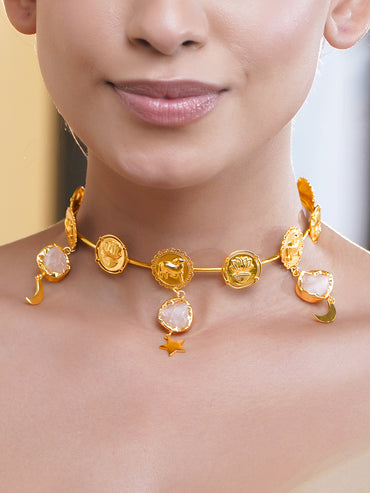 Multi Charm Pink Studded Gold Choker