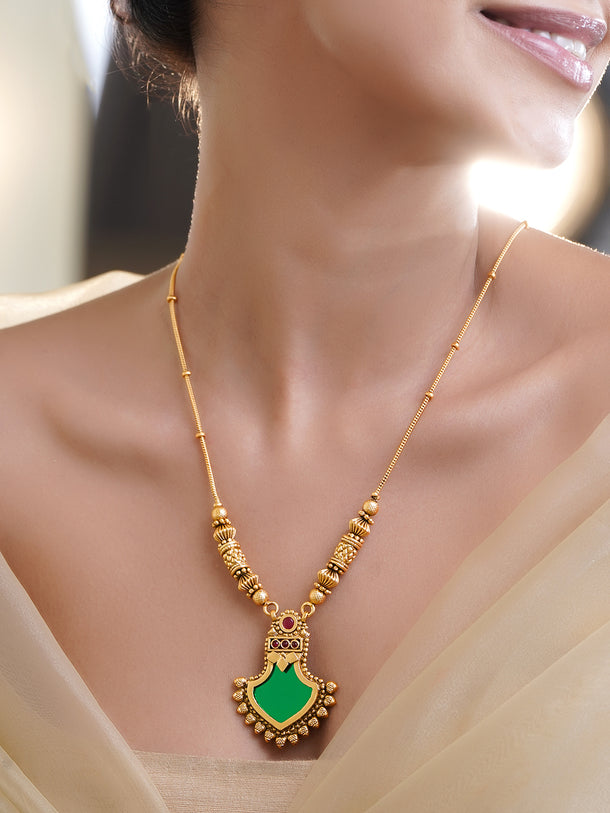 Rubans 18K Gold Plated Brass Antique Green Enamel Pendant Necklace