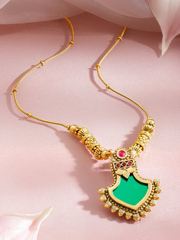 Rubans 18K Gold Plated Brass Antique Green Enamel Pendant Necklace