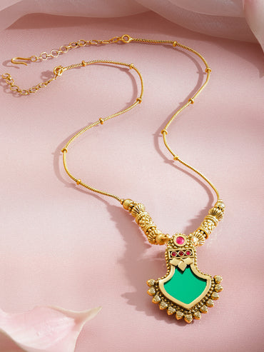 Rubans 18K Gold Plated Brass Antique Green Enamel Pendant Necklace