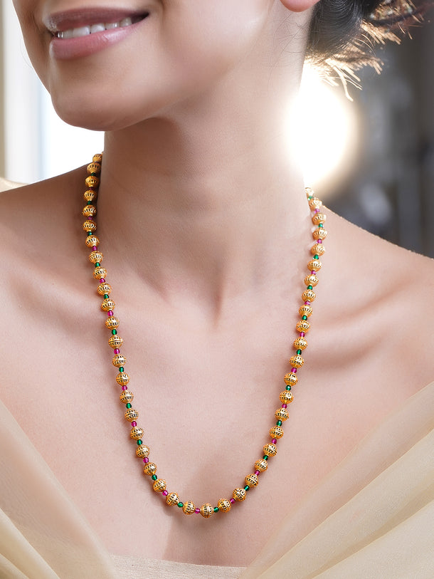 Rubans 18K Gold Plated Brass Gold Beaded Necklace with Green & Ruby Pink Accents