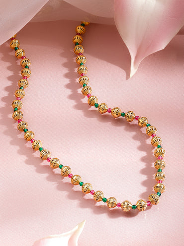 Rubans 18K Gold Plated Brass Gold Beaded Necklace with Green & Ruby Pink Accents