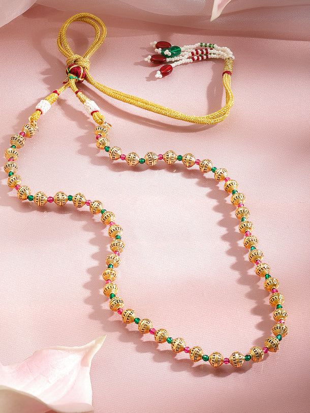 Rubans 18K Gold Plated Brass Gold Beaded Necklace with Green & Ruby Pink Accents