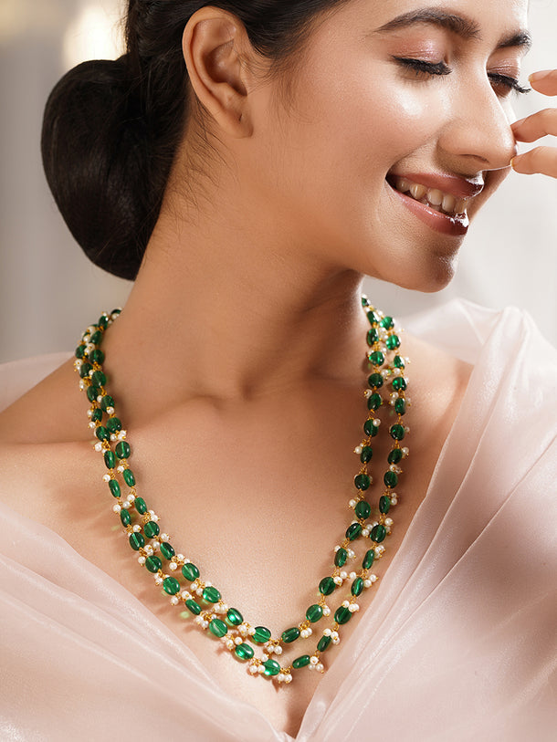Gold Plated Brass Green Beaded Pearl Double Layer Necklace