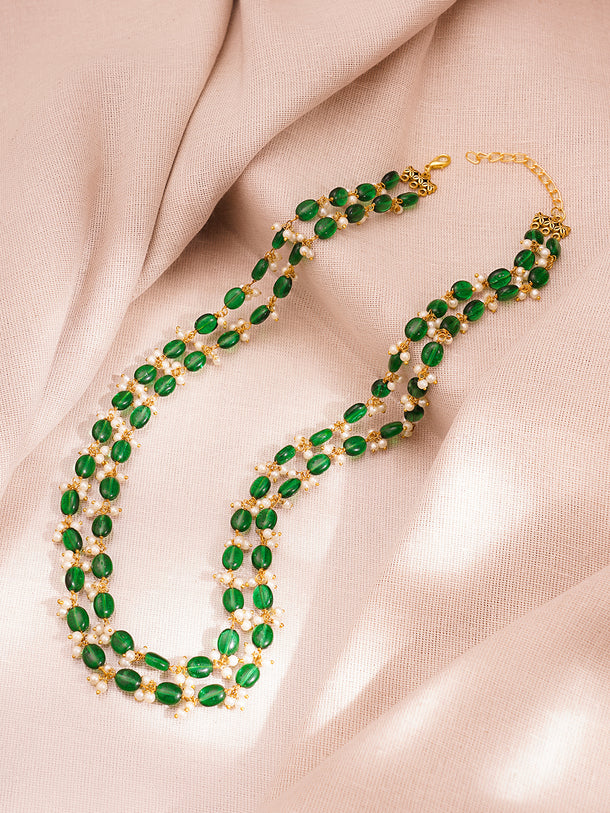 Gold Plated Brass Green Beaded Pearl Double Layer Necklace