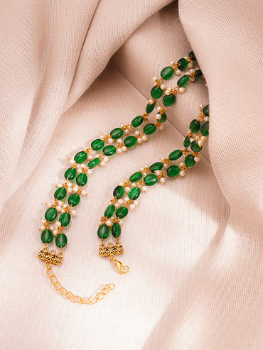 Gold Plated Brass Green Beaded Pearl Double Layer Necklace