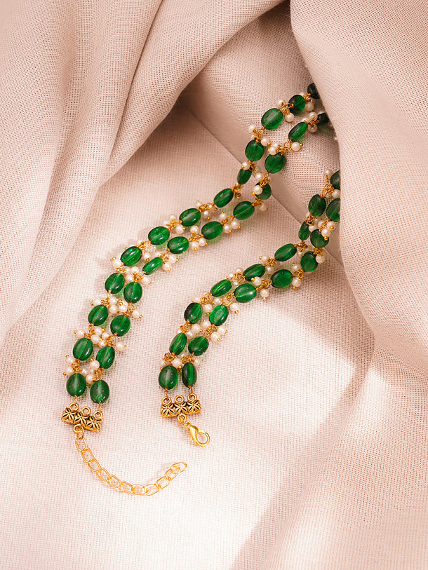 Gold Plated Brass Green Beaded Pearl Double Layer Necklace